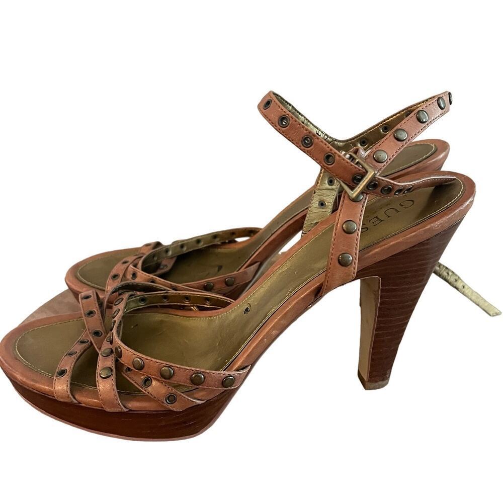 Guess Brown Leather Strappy Metallic Heels-Size 9